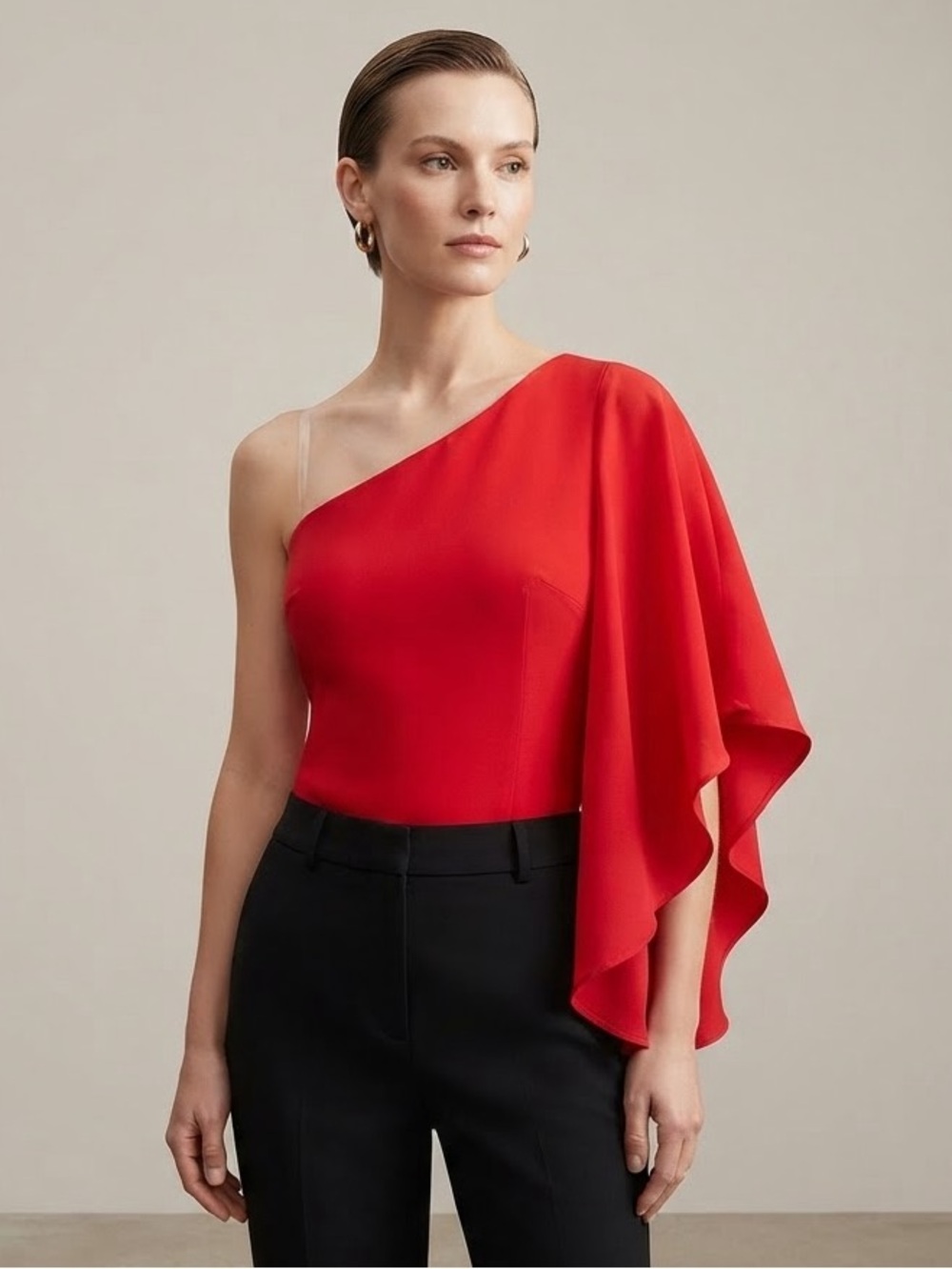 Worthington Vibrant Red One-Shoulder Draped Asymmetrical Blouse Top XL